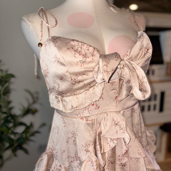 Saints + Secrets Champagne Floral Ruffled Mini Dress - Size Large NWT - Picture 3 of 8